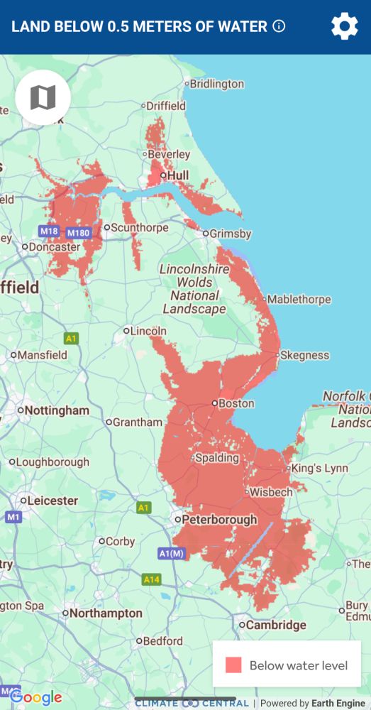 A map showing flooded areas in the UK around Humberside and The Wash as a result of the potential 0.5m rise in sea levels from a collapse of the Atlantic meridional overturning circulation (AMOC).
