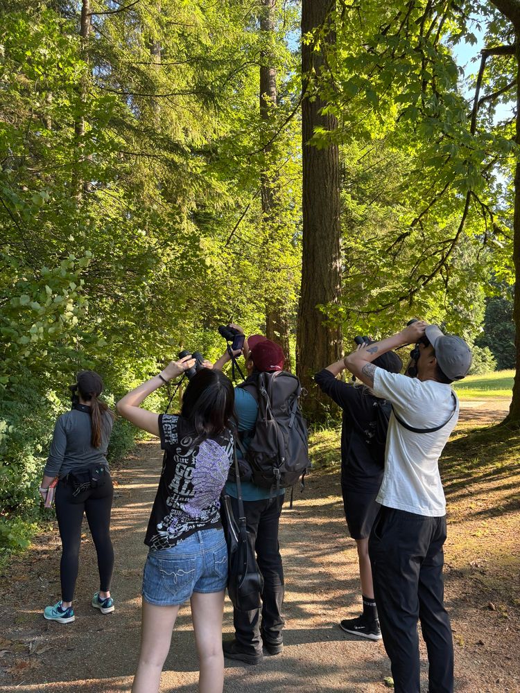 Five people looking at trees with binoculars. 