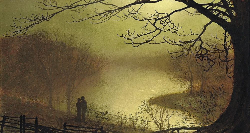 
Bold, defined tree branch silhouettes reach towards the couple who appear to be about to embrace, while the fence along the lower edge of the painting, mirrors the branches; both serve to frame and encompass the figures, and draw one’s eye to the centre of the composition. The lovers are perhaps having a moonlit stroll (the brightness implies a full-moon), or possibly an assignation: which of the two possibilities is left to the viewer to decide. Looking across the lake, shrouded in a diaphanous mist, with moonlight dancing off the waters, one is drawn towards a contemplation of the history of Roundhay, and the events – of which Grimshaw was no doubt aware - that created the park.