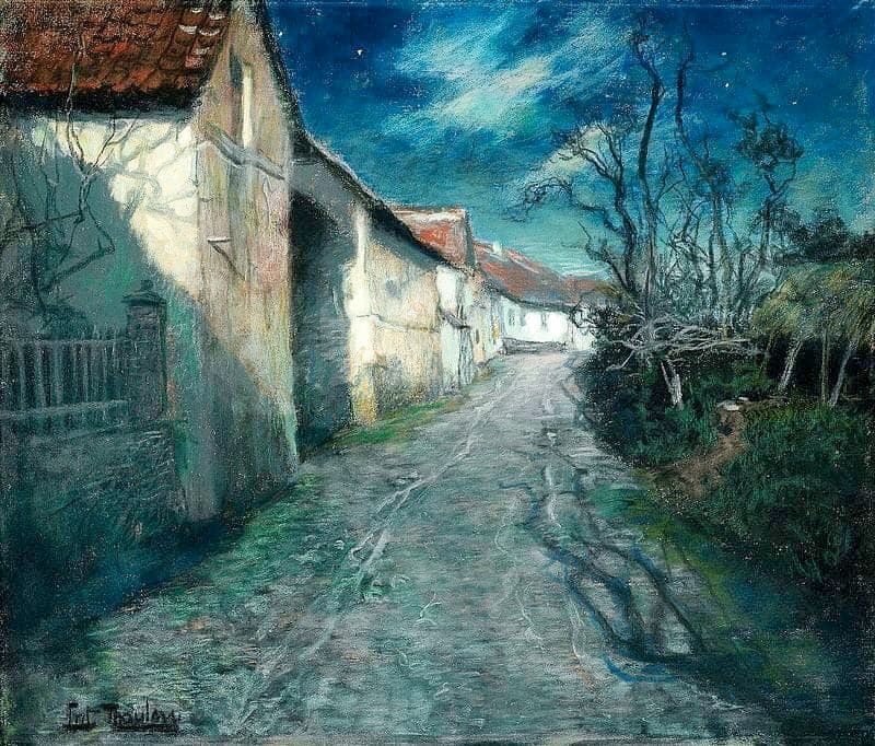 narrow track passing stone houses, and scrub on the other side, wisps of cloud hang in the night sky