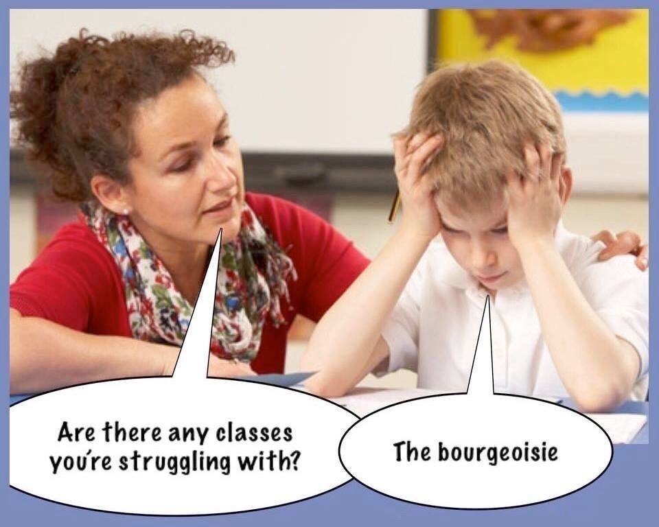 woman talking to boy, the boy has his head in his hands.
Woman: Are there any classes you're struggling with?

Boy:The bourgeoisie