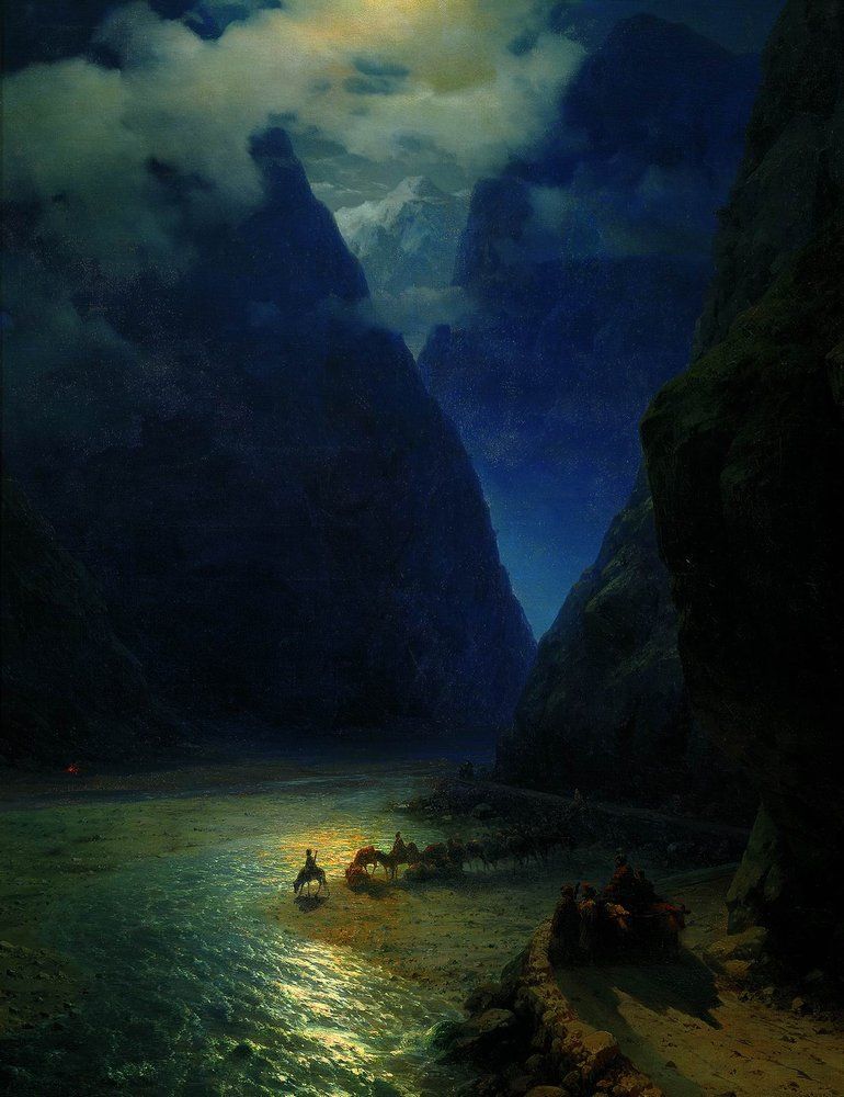 The artwork portrays a dramatic and atmospheric scene of Darial Gorge, characterized by its high mountain cliffs that tower into the cloudy sky. A river winds through the base of the gorge, reflecting the soft, ethereal light which seems to emanate from the sky above. In the foreground, small figures can be seen, possibly travelers or shepherds with their animals, adding a sense of scale and humanity to the vast, majestic landscape. The use of light and shadow creates a sense of depth and mystery, enhancing the romantic and enchanting aura of the scene.