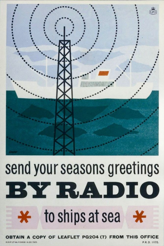 poster, a radio mast emmiting radio waves.
send your seasons greetings by radio to ships at sea
