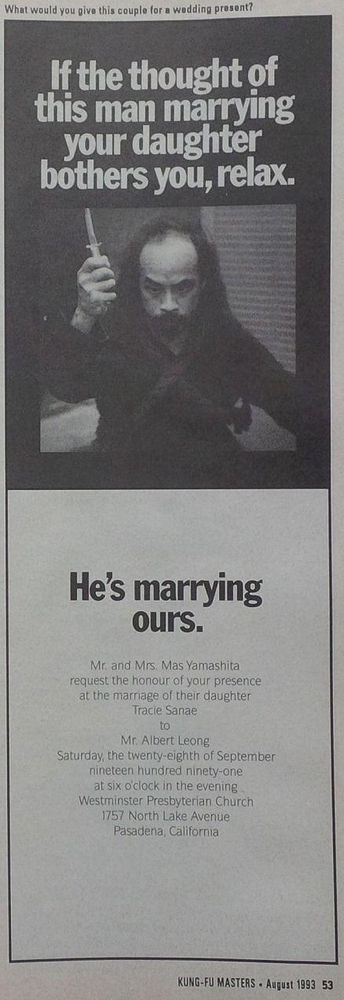 newspaper
a picture of Al Leong, the Henchman of choice for every 90's action film
test reads
if the thought of this man marrying your daughter bothers you, relax
photo of Al holding a knife.
Text under reads
He's marrying ours.