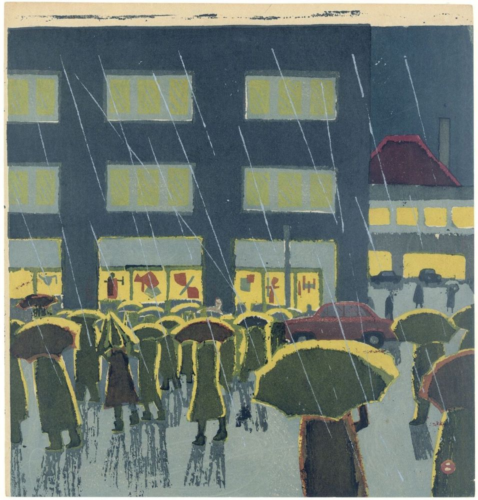 city scene, large crowd of people all with umbrellas, as the rain comes down