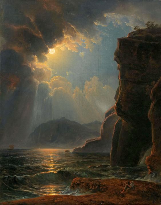 the moon peeking out from a cloudy sky, illuminating a rocky coast line