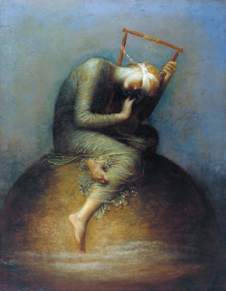 a blindfolded woman sit astride the world as she plays a harp