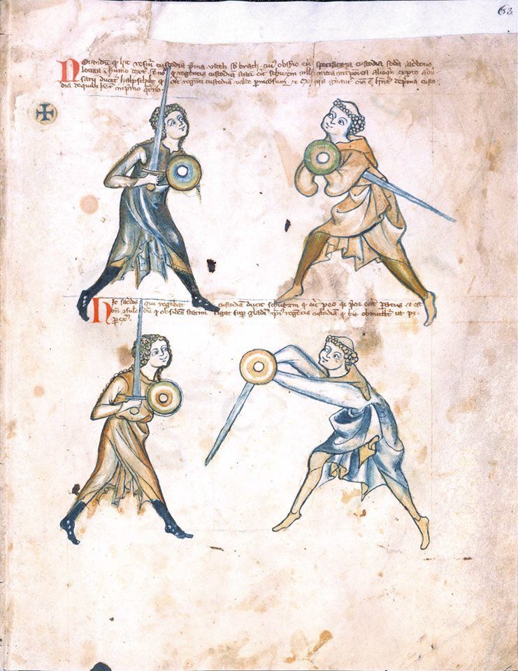 illustration of two people fighting with sword and buckler