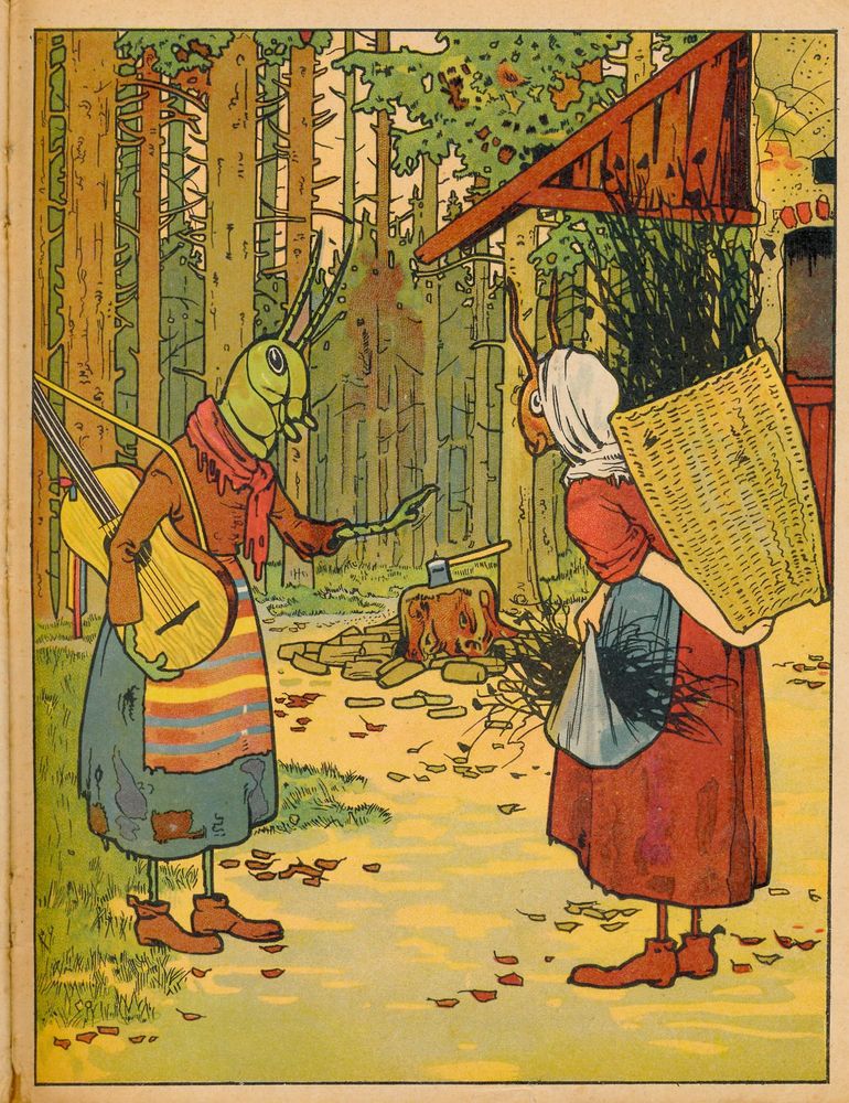 grasshoppers with a guitar and a basket of sticks. I'm sure a pedant will correct me and say these are crickets not grasshoppers.