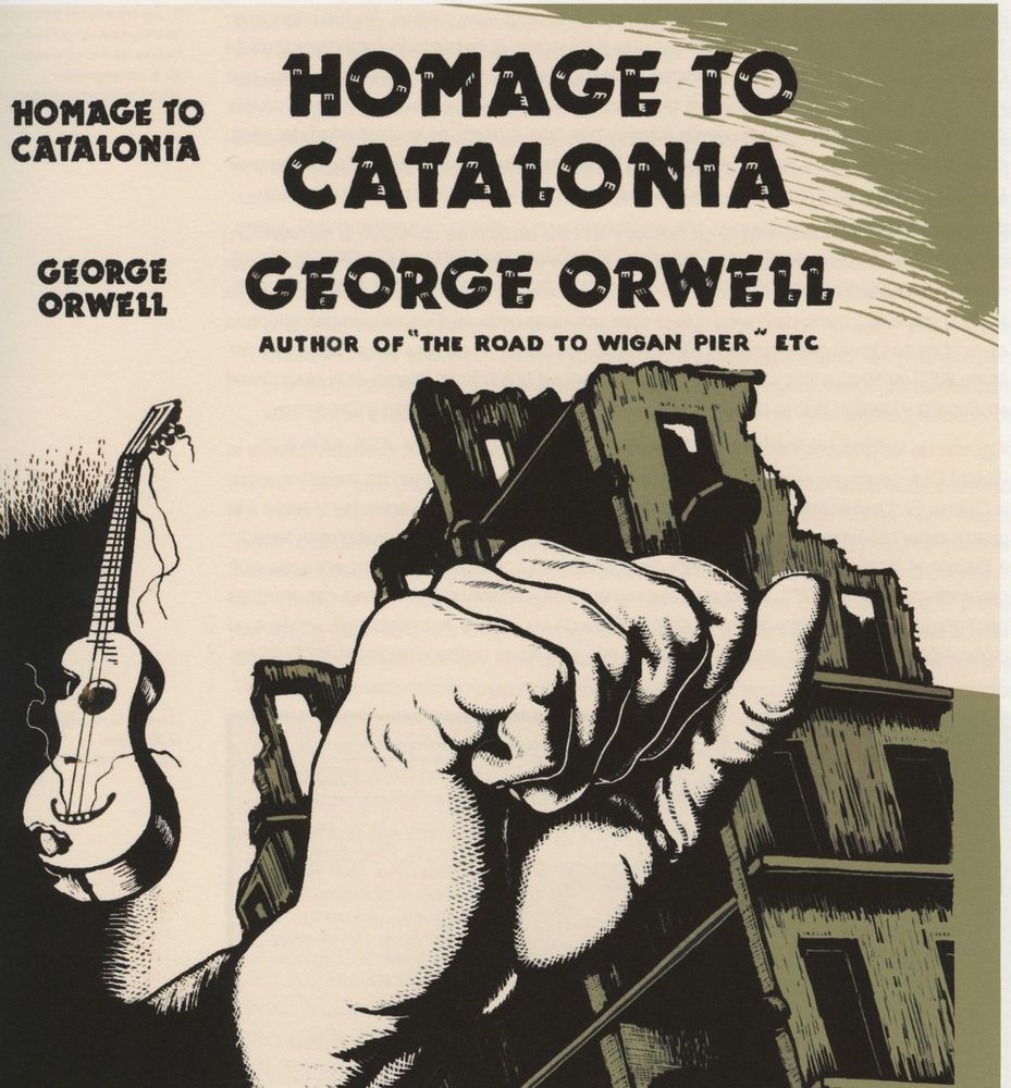 a clenched fist over a ruined building and a smashed guitar