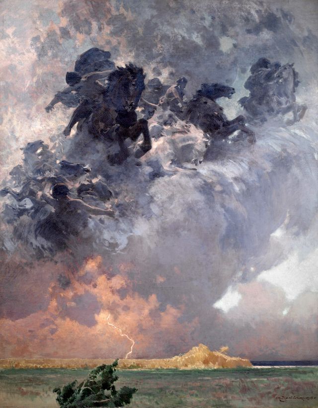 painting.
a stormy sky, the clouds are figures riding wild horses.
lighting hits in the distance
