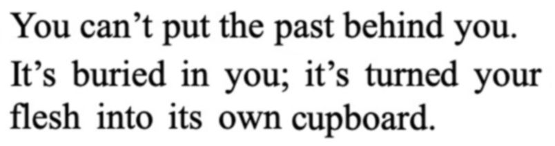 you can't put the past behind you. its buried in you. its turned your flesh into its own cupboard