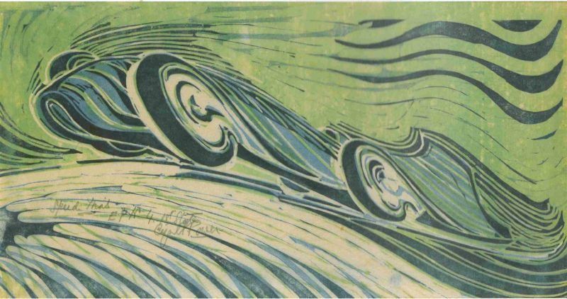 linocut print of a speeding car, the lines and shapes conveying the speed as it races past.