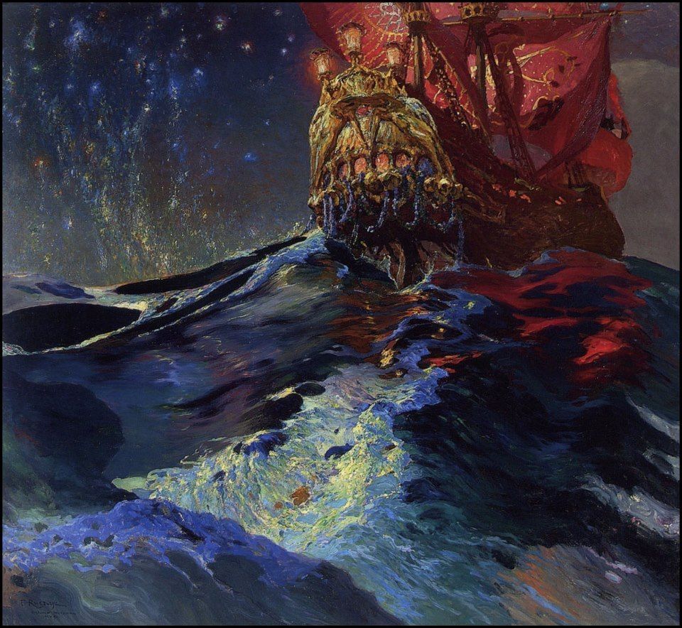 a ship on a tempestous sea, stars in the sky