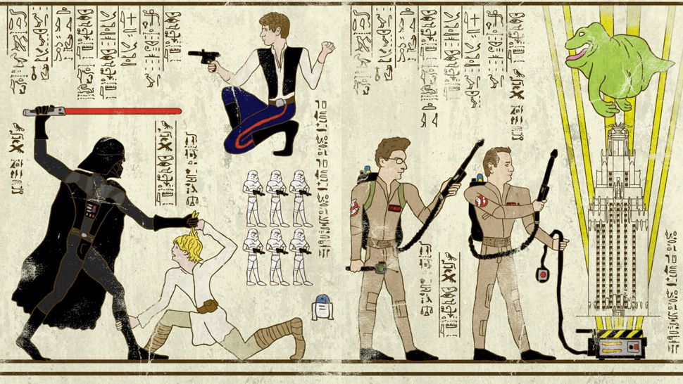 heiroglyph style depiction of star wars and ghostbusters