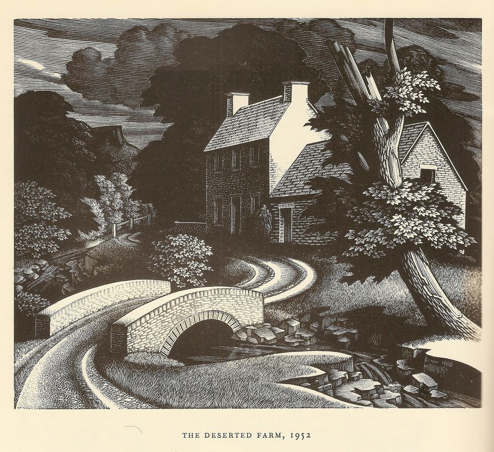 a road crossing a narrow stone bridge, a broken tree, still with leaves, and a larger house by the road side