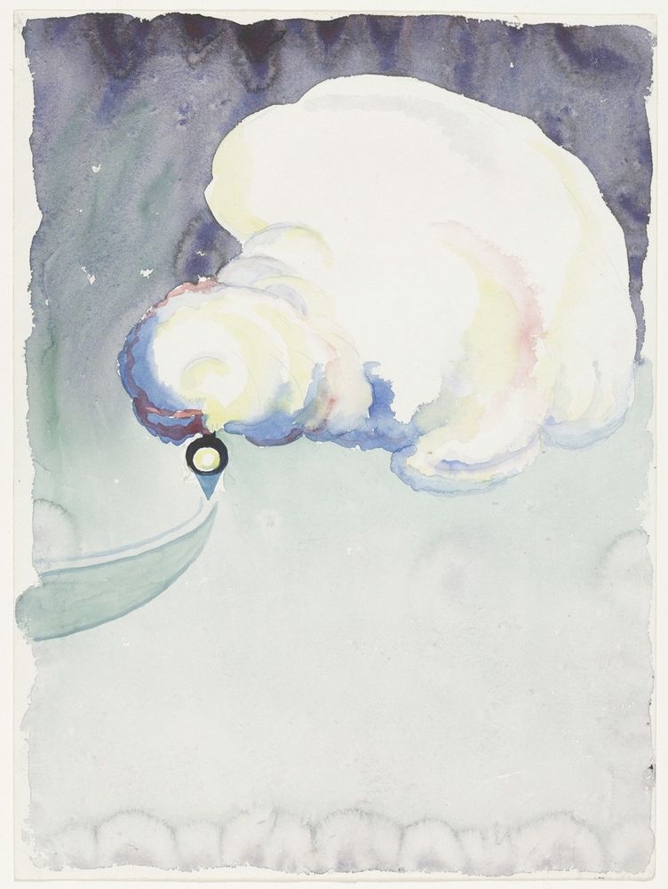 watercolour of a train approaching the viewer, only its headlight is visible and a large plume of smoke