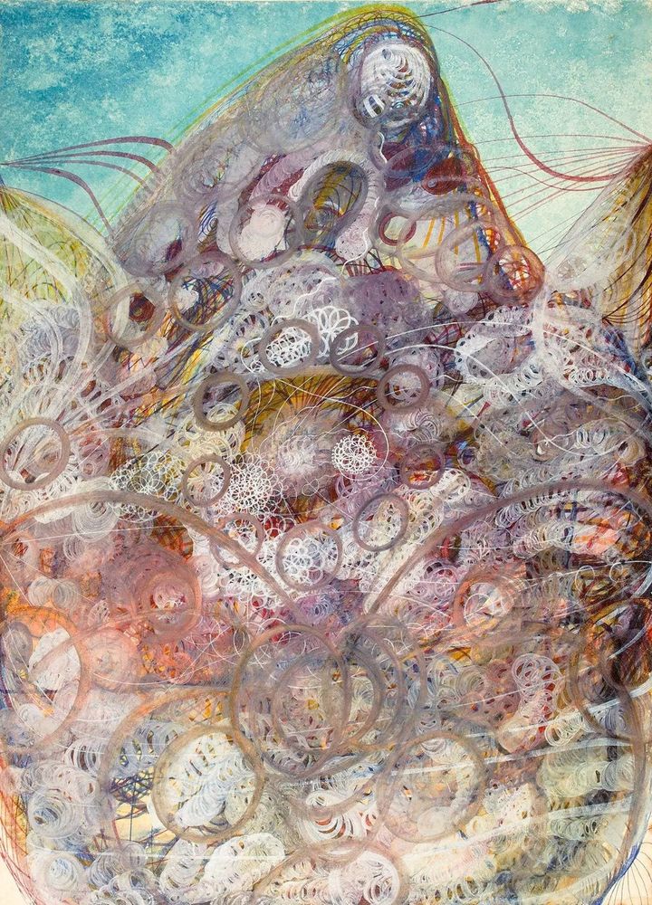 abstract painting, formed mainly of circles or ovals, overlayed with curved lines.