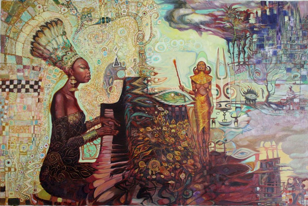 detailed painting of a woman at a piano,she is wearing a large headress and patternes swirl and warp around her,