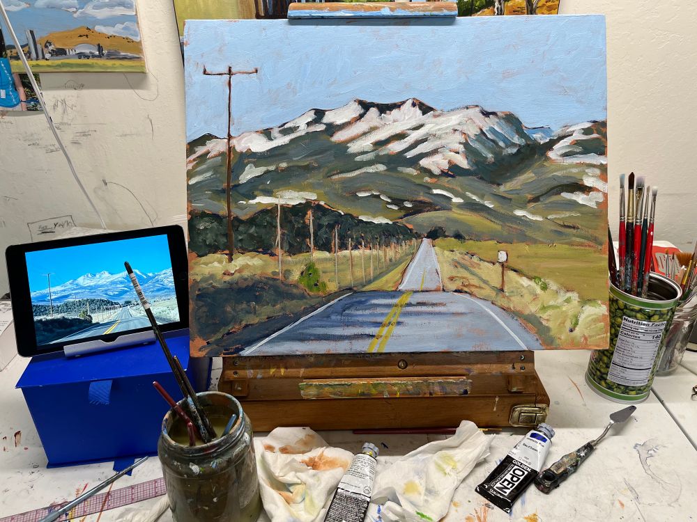 First stage of painting, road heading to mountains outside of Bridgeport CA