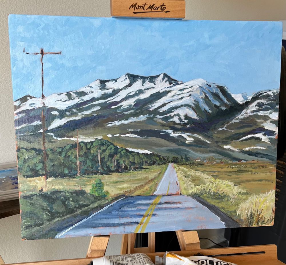 My acrylic painting of a road leading into the mountains is almost finished! Just need to do the road itself and the line of power poles going into the distance 