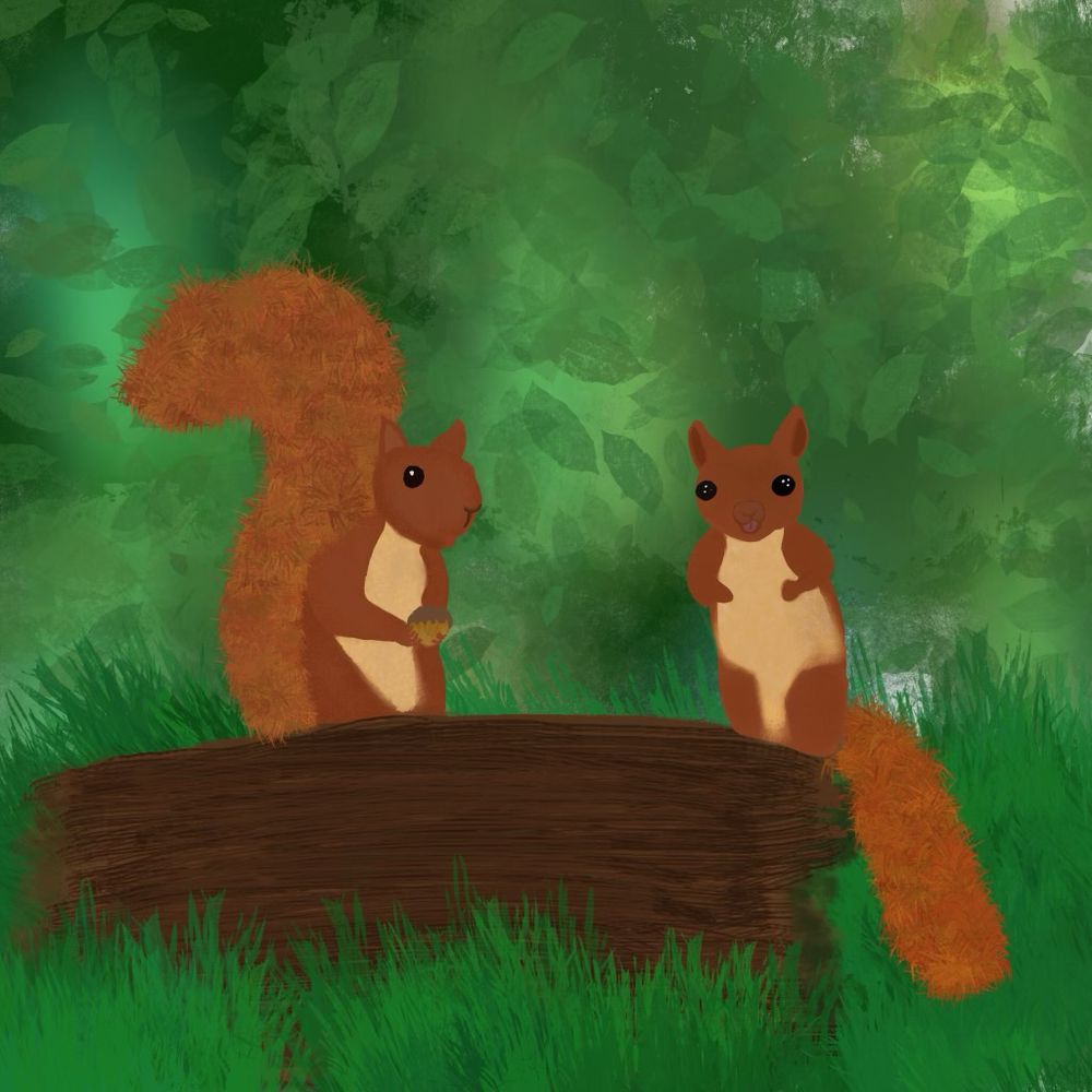 Digital art by me of two red squirrels on a log. The background is green and leafy and the log they’re standing on is a deep brown. They have cream colored bellies and are cartoon style drawings 