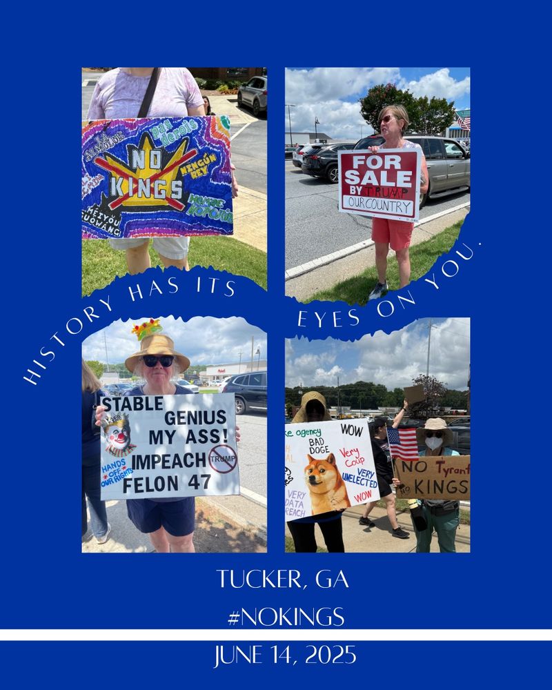 Collage of photos of No Kings demonstrators holding signs criticizing Trump. For instance, one saying, Bad Doge and an image of a dog. 