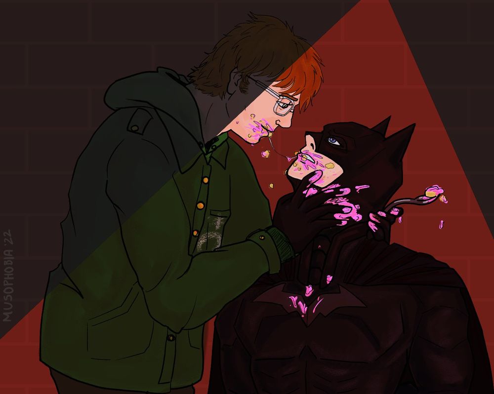 A digital drawing of Batman and The Riddler from the movie The Batman (2022). The characters are posed against a dark red brick wall. They are looking at each other in the eye, Riddler is standing and holding Batman's face gently with his right hand, while holding a spoon on his left. Batman is sitting, presumably tied. Both men's chins and cheeks are covered by sparse pink frosting and cake bits. A weak string of saliva connects Riddler and Batman's lips.