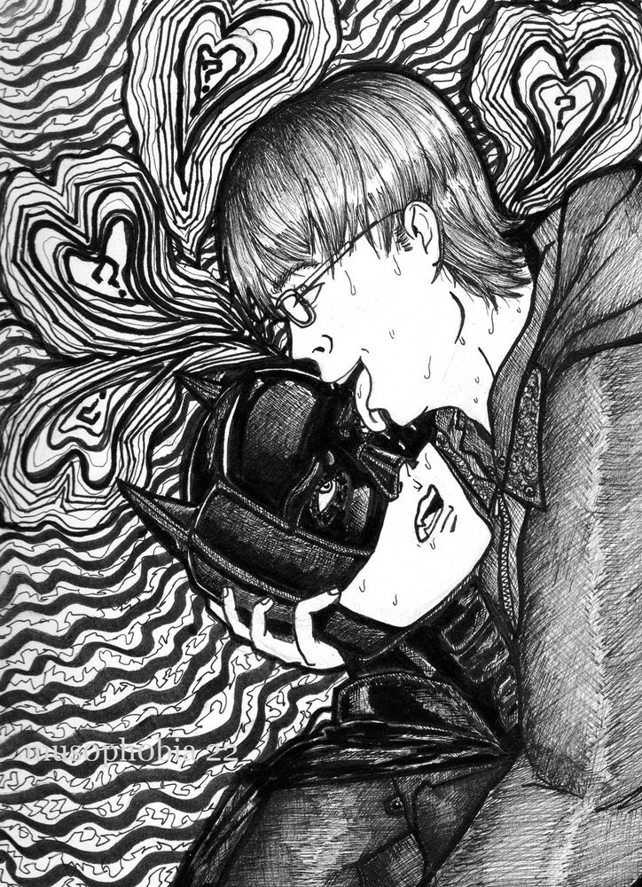 An ink traditional drawing of Batman and the Riddler. The background is full of squiggly lines and swirls forming four distorted hearts that end in question marks. Riddler is standing on the left, and holding Batman by the back of his neck and shoulders. He is unmasked. Batman is looking up at him in confusion and bewilderment. Riddler is extending his tongue to lick Batman's left eyeball in a twisted gesture of affection.