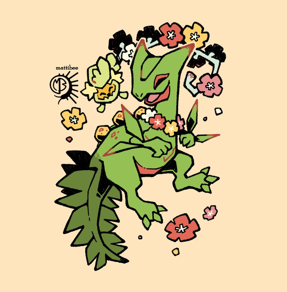Drawing of the Pokemon Sceptile and Comfey. The Sceptile is in a floaty-sit position wearing a lei made of Comfey's flowers and is smiling brightly. Comfey is happily twirling around Sceptile's head with its tail trailing behind. Stray flowers and petals surround them both.