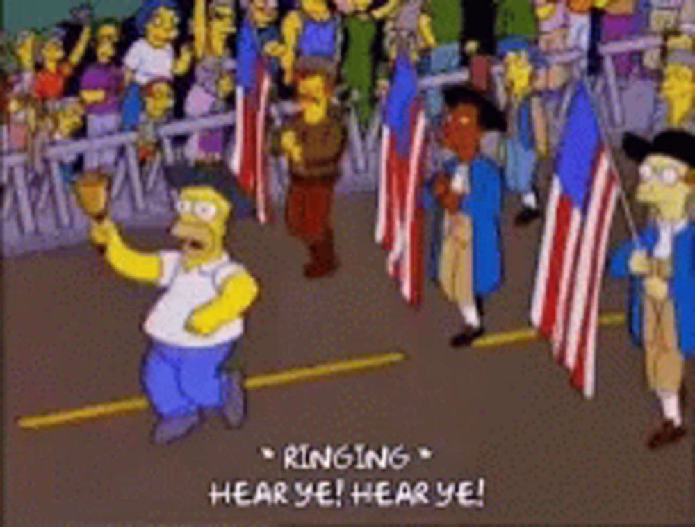 a cartoon of homer simpson walking down a street with a crowd behind him that says ringing hear ye hear ye