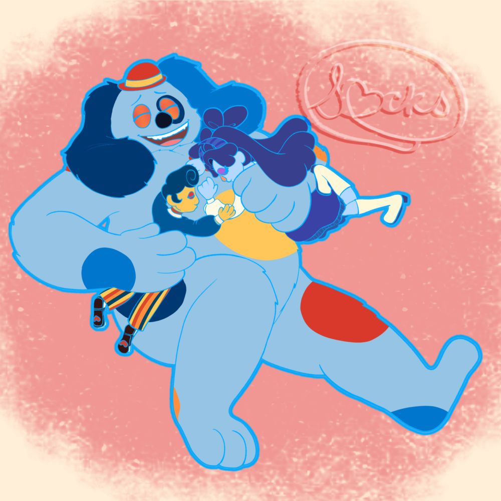 Barnaby laying on his back getting kisses on his chest and belly from Franny and Wally! 