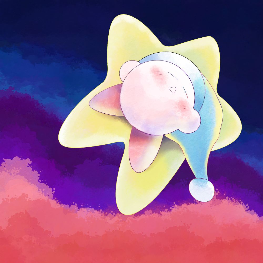 Digital art in a soft watercolor style of Kirby sleeping on a warp star with his blue sleeping cap. Kirby is floating over colorful clouds painted with thicker painting strokes that go from orange to a very deep night sky blue.