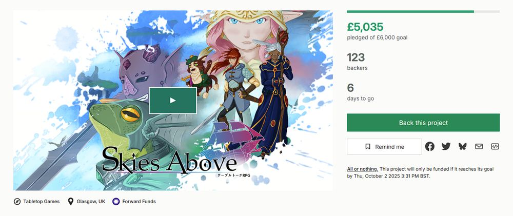 Kickstarter screenshot for Skies Above showing £5035 out £6000 raised with a 123 backers and 6 days to go!