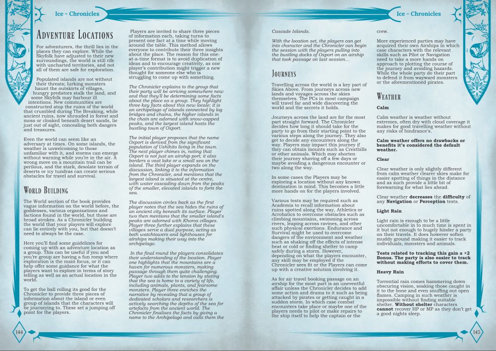 Double Page spread from Skies Above looking at Adventure locations including group world building, journeys and weather conditions.