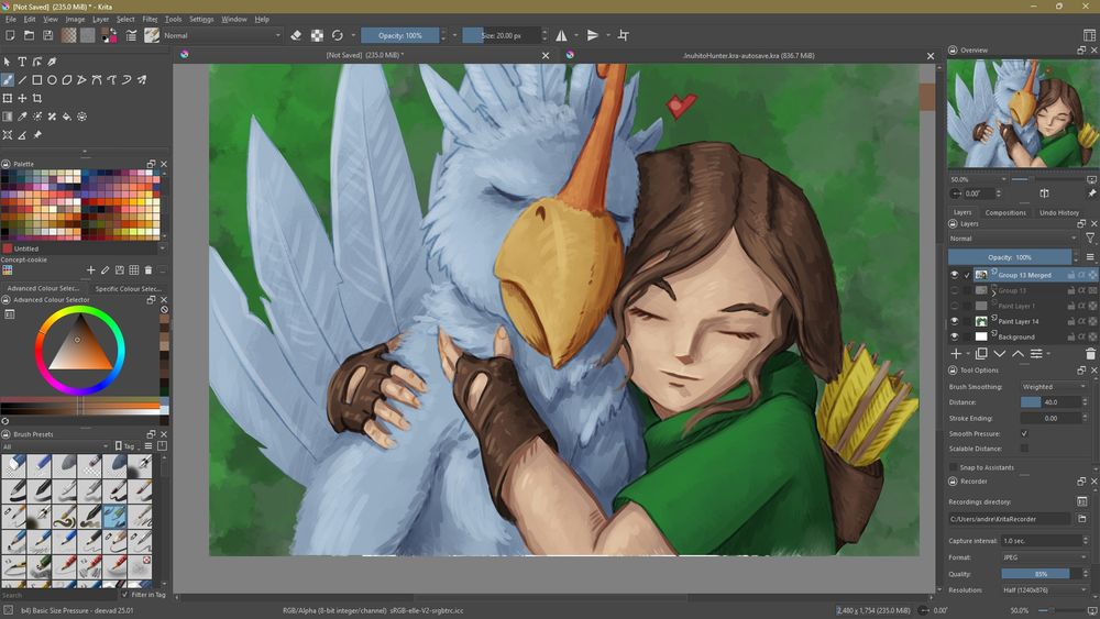 Screenshot showing the Hunter from Skies Above hugging her animal companion. 