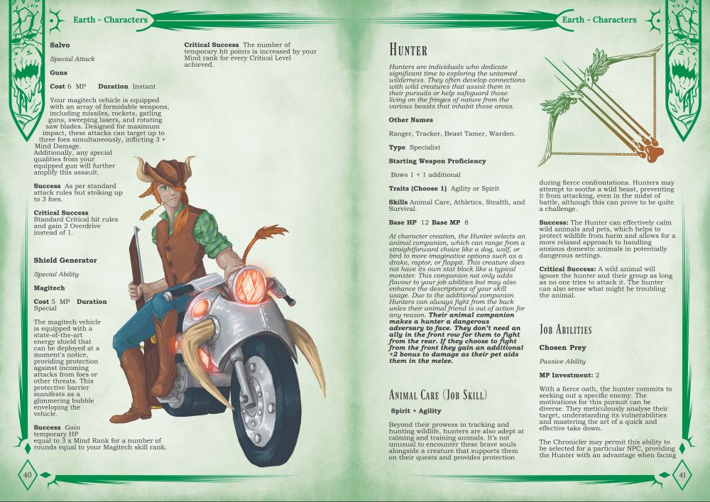 Double page spread from Skies Above looking at the last page of the Engineer Job Class and the first page of the Hunter Job Class. It has art for teh engineer showing a literal cow boy with long red hair and a cowboy hat with a steel crystal powered motor bike. It also includes the Hunter Job symbol of a stylized bow with 4 arrows stretching from an animal paw like claw marks.