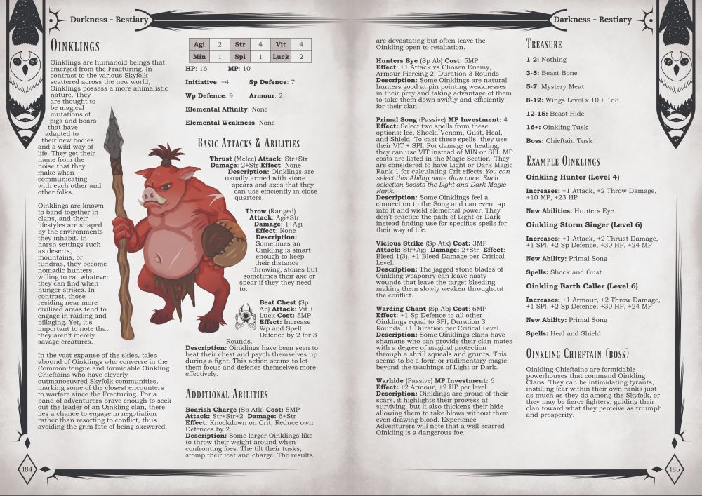 Double page spread from the Skies Above Bestiary showing off Oinklings! Skies Above monstrous pig folk.