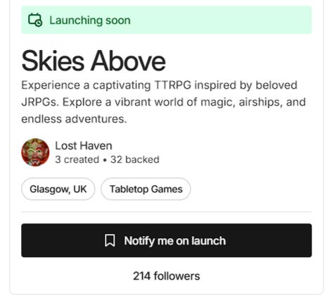 Prelaunch follow screenshot for Skies Above showing 214 followers.