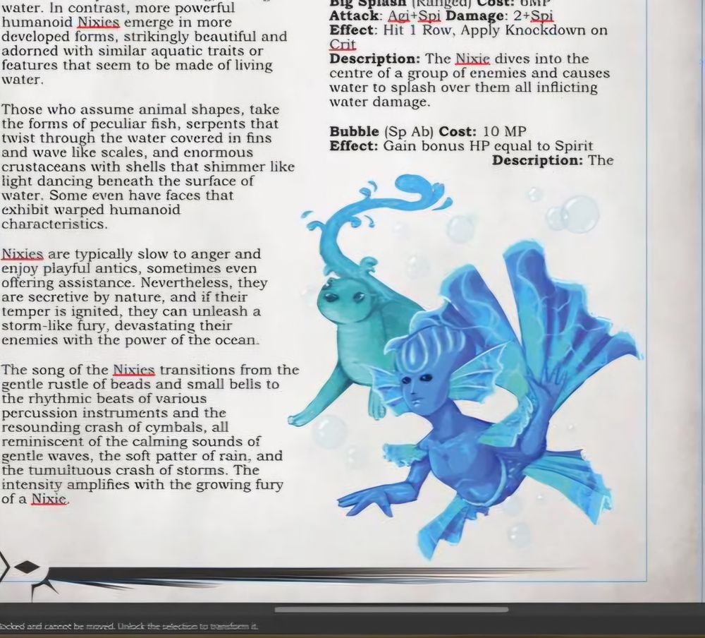 Screenshot from the Nixie entry for Skies Above. The art shows a more humanoid shaped Nixie and one shaped like an otter made of water.