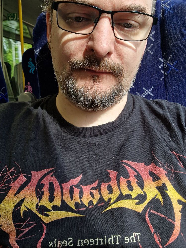 Selfie showing me wearing my Abbadon tshirt. 