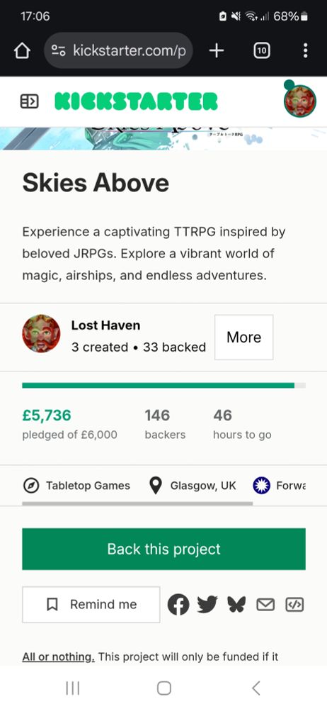 Kickstarter screenshot showing the amount raised is £5736 out of £6000 with 146 backer and 46 hours to go.