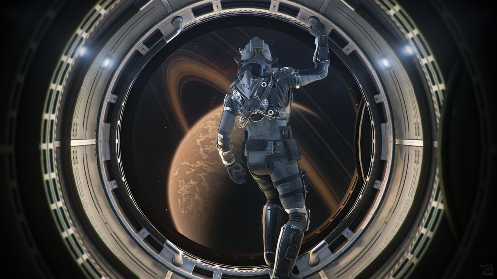 Star Citizen in-game screenshot of a person leaning out through the Carrack's airlock looking at Terminus (Pyro VI)