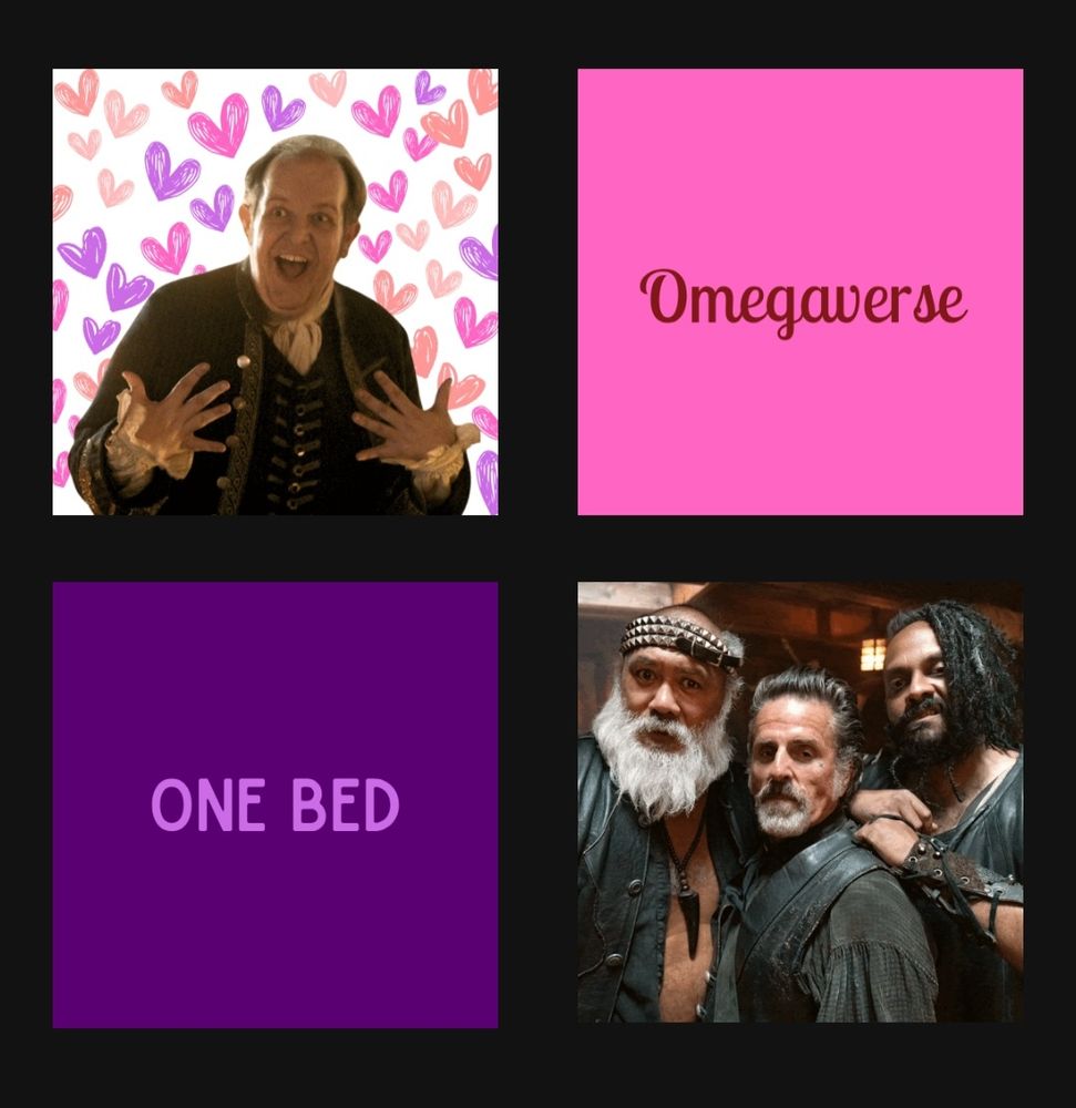 Image showing 4 square boxes. Top left: Jeffery Fettering of OFMD fame, looking excited, with a background of colourful hearts. Top right: hot pink box (hehe) with Omegaverse in a stylized script. Bottom left: purple box with One Bed in block letters. Bottom right: image of, from R to L, Fang, Izzy, and Ivan, of OFMD 