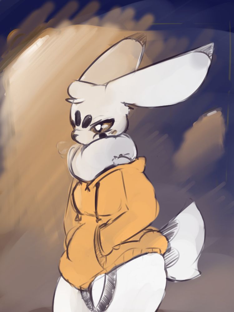 A sketchy drawing of a snow bun walking underneath some streetlights. The atmosphere is foggy and it appears to be cold.
