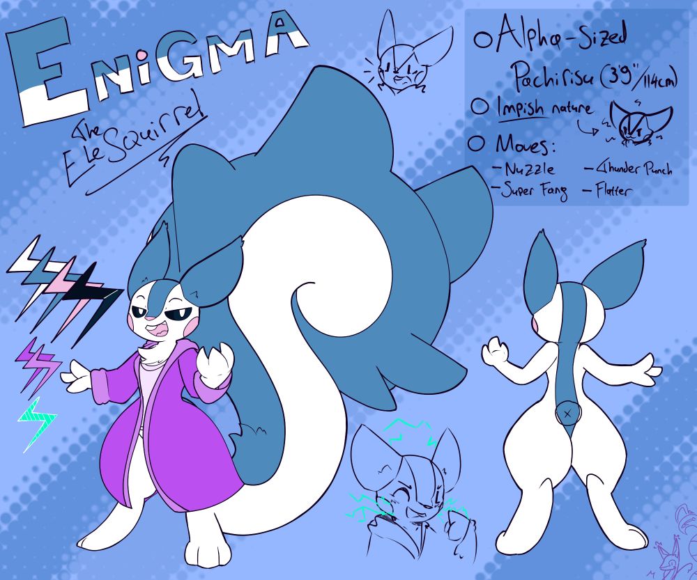 A reference image for a Pachirisu called Enigma. The text says: Enigma the EleSquirrel. Alpha-sized Pachirisu (3'9"/114cm). Impish nature. Moves: Nuzzle, Super Fang, Thunder Punch, Flatter. The Pachirisu is wearing a purple coat, and several doodles of the Pachirisu showing off his electricity and cheers in a simpler style are also drawn, together with a palette.