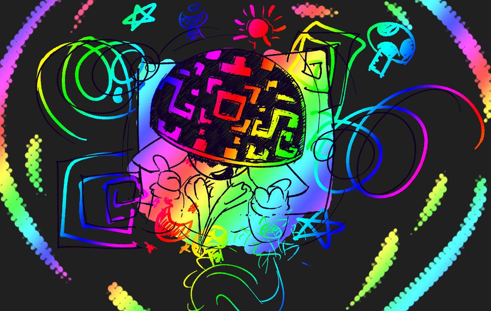 A rainbow-coloured scene with different graphics displayed. Most prominently in the middle is a picture of Enigma the Pachirisu, wearing a rainbow mushroom head, resembling the Mushroom King from Everhood 2.