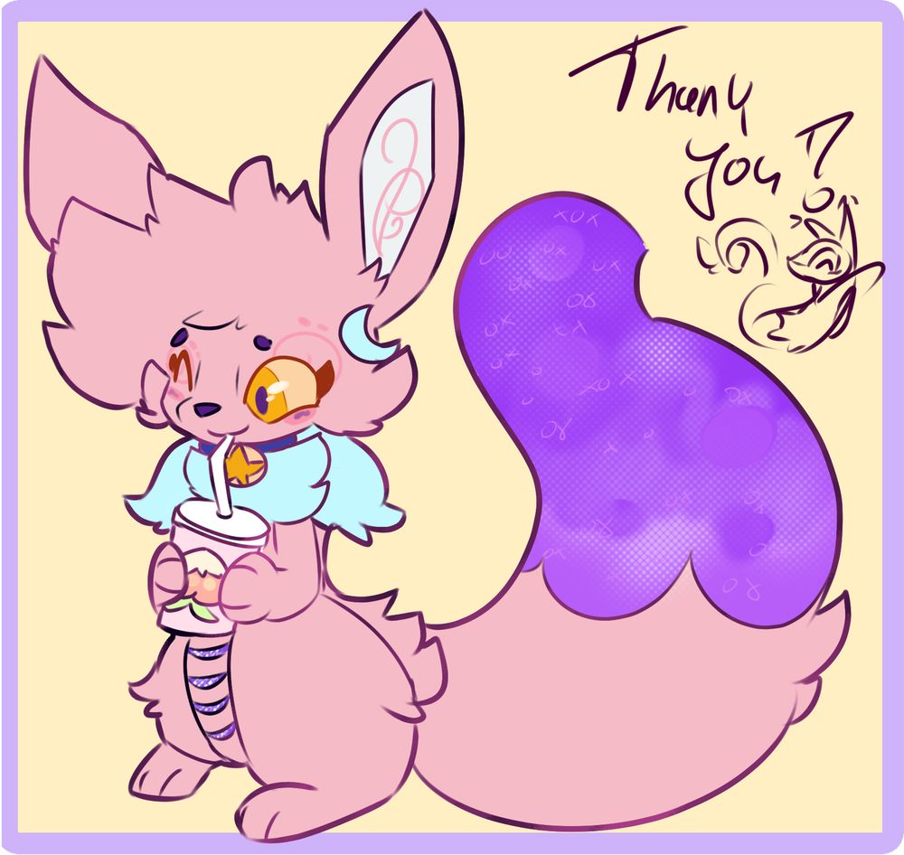 A starry eevee, taking a sip out of a Pecha-flavoured milkshake. The text reads "Thank you!" with a small artist signature.