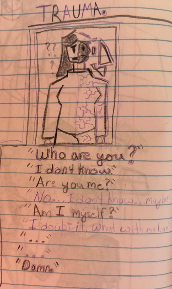 Both: “Who are you?” 
Both: “I don’t know.” 
Self: “are you me?”
{?}: “No… I don’t know…maybe”
Self: “Am I myself?” 
{?}:” I doubt it, what with me here” 
Self: “…”
{?}: “…”
Both: “Damn.”