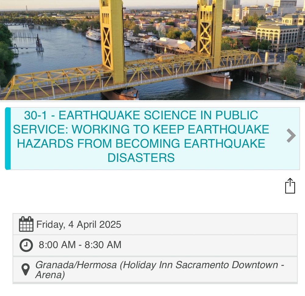 Screenshot of the talk title, which says “earthquake science and public service: working to keep earthquake hazards from becoming earthquake disasters“. Friday, April 4, 2025 8 AM to 8:30 AM in the Granada Hermosa.